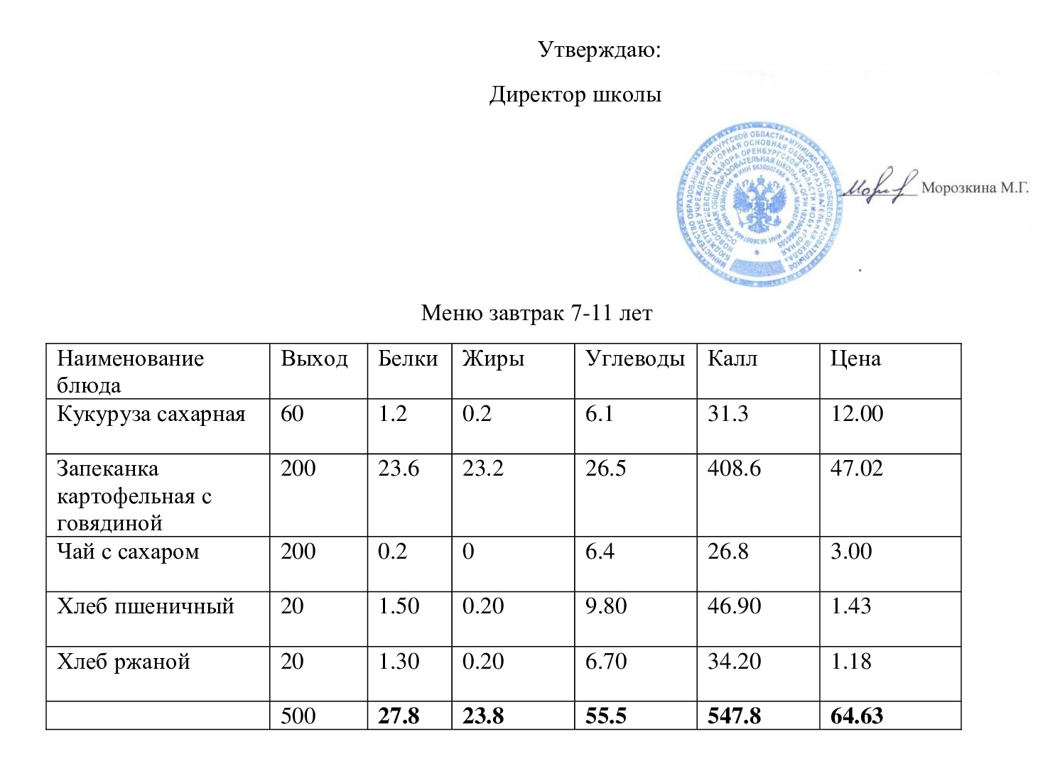 Меню завтрак 14.11.2024.