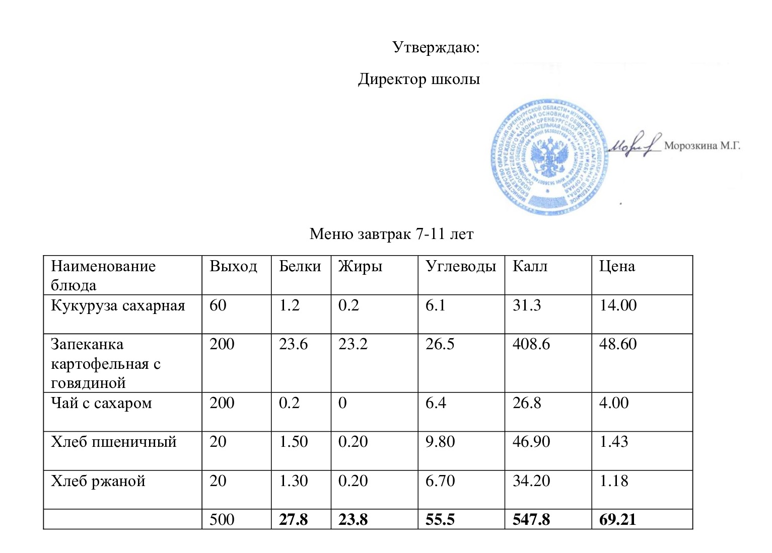 Меню завтрак 16.01.2025.